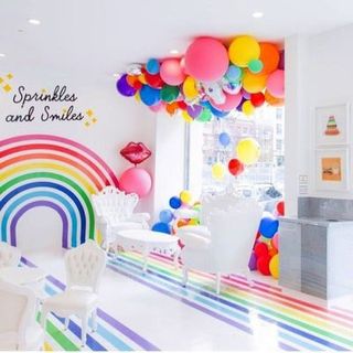 Colorfulness, Party supply, Arch, Balloon, Party, Rainbow, Decoration, Confectionery, Sweetness,