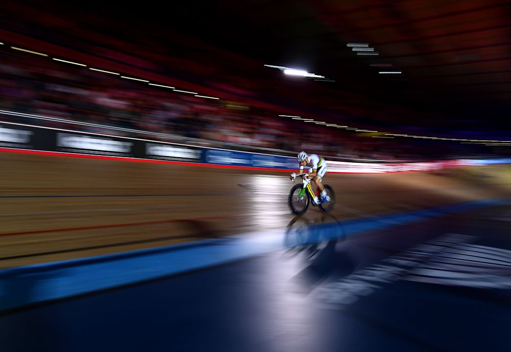 Theo Reinhardt of Germany competes in the Mens Madison Chase on day four of the London Six Day Race