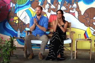 Prince Harry, Duke of Sussex and Meghan, Duchess of Sussex at the Escuela Tambores de Cabildo during The Duke and Duchess of Sussex Colombia Visit on August 17, 2024 in Cartagena, Colombia