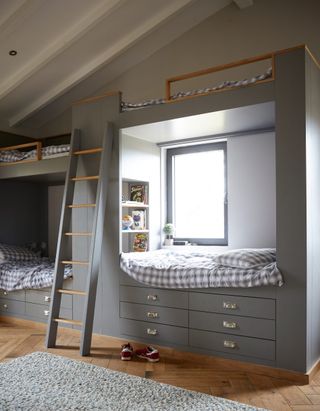 Kids room with build in grey bunkbeds