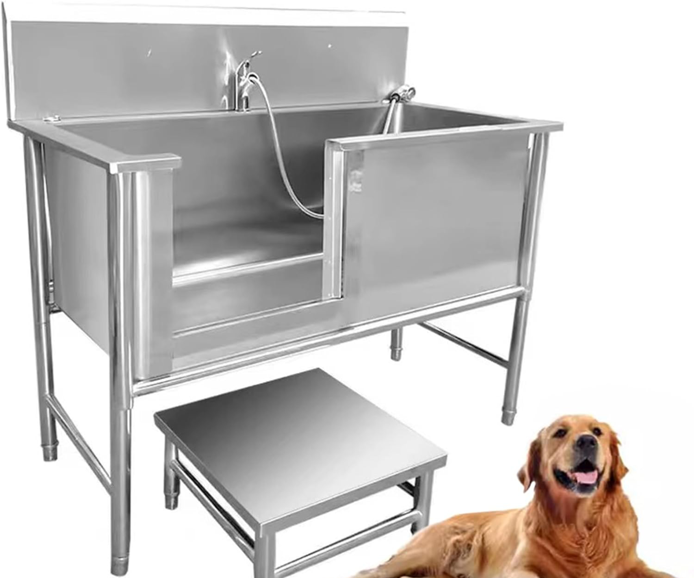 stainless steel dog grooming station with step, shower and large bath area