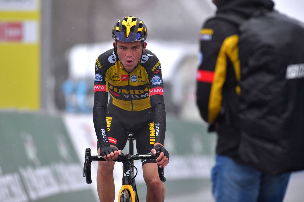 THYON 2000 LES COLLONS SWITZERLAND MAY 01 Sepp Kuss of United States and Team Jumbo Visma at arrival during the 74th Tour De Romandie 2021 Stage 4 a 1613km stage from Sion to Thyon 2000 Les Collons 2076m TDR2021 TDRnonstop UCIworldtour on May 01 2021 in Thyon 2000 Les Collons Switzerland Photo by Luc ClaessenGetty Images