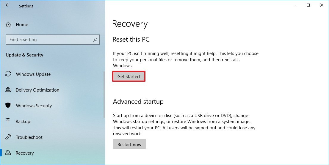 Windows 10 Reset This PC option