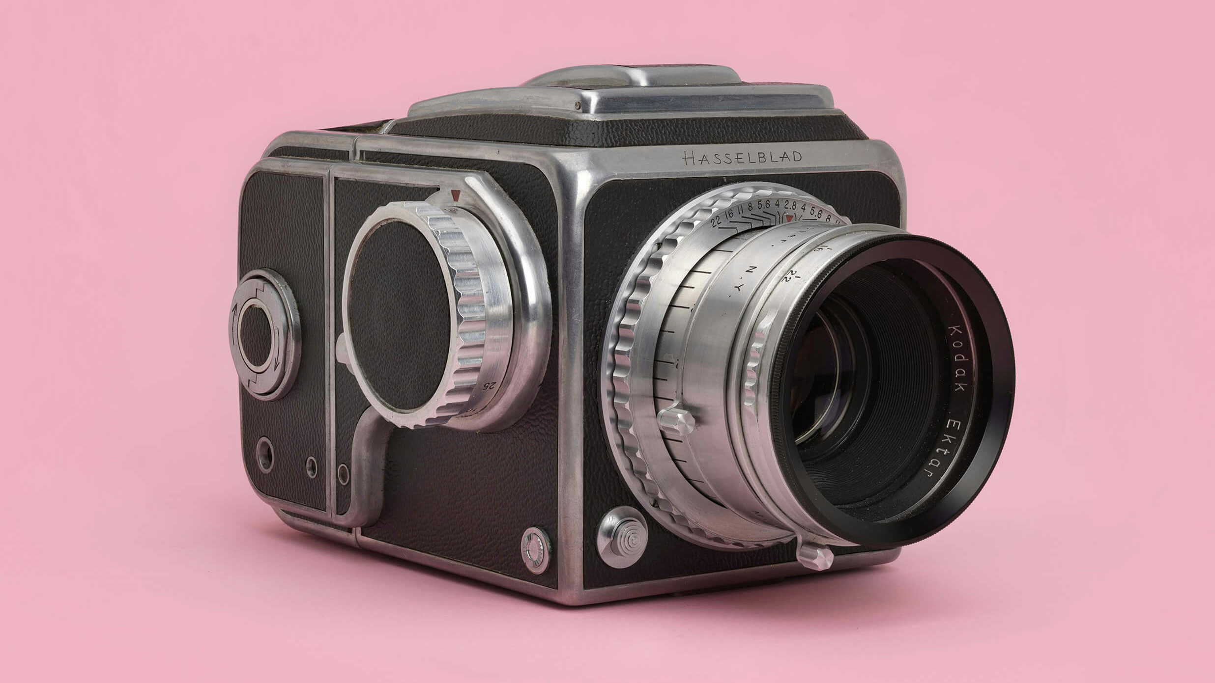 Hasselblad 1600F against a pink background