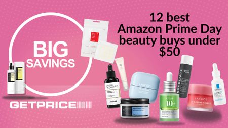 pink background with scattered images of beauty products and black writing that says '10 best Amazon Prime Day beauty buys under $50' 