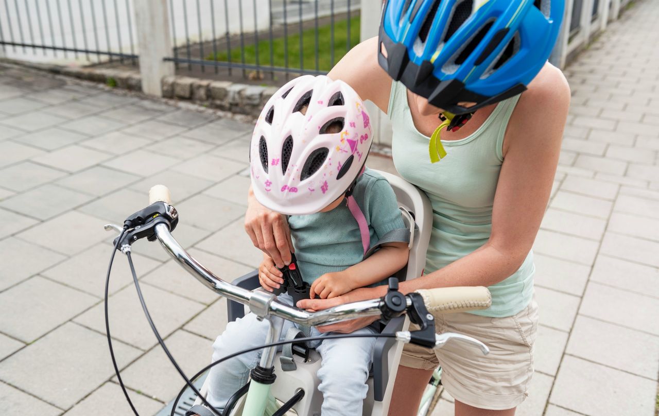 Mum and child in bike helmets