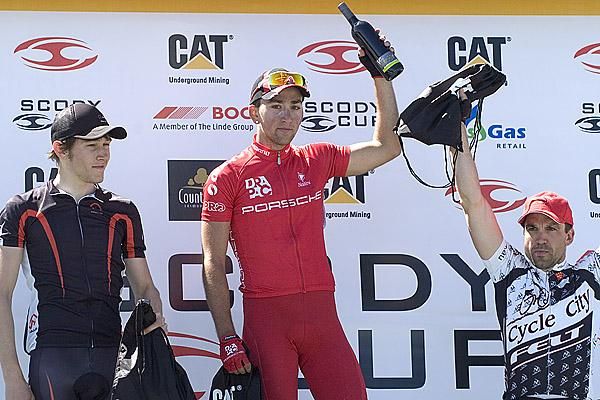 Stage eight podium (l-r): Peter Braunsteins (2nd,Apollo Bicycles), Joseph Lewis (1st,Drapac Porsche), and Charles Howlett (3rd,Cycle City-Felt).