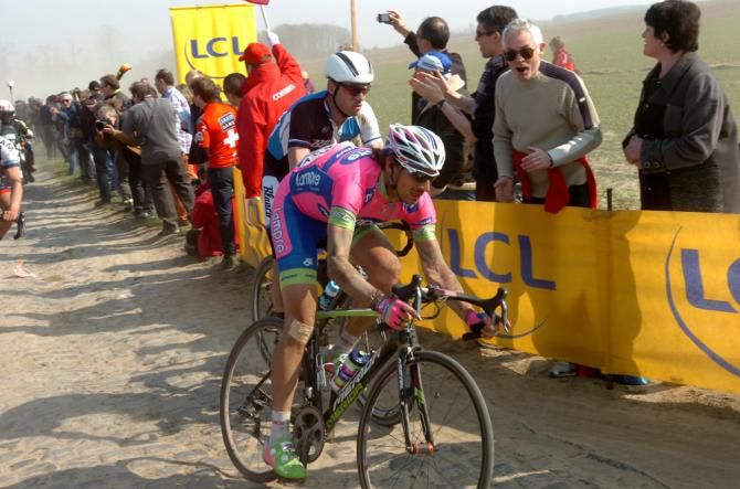 Filippo Pozzato (Lampre-Merida) crashed and never saw the front of the race