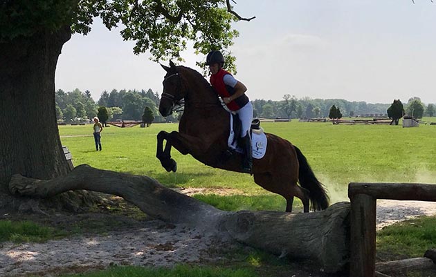 Charlotte Dujardin pops River Rise Escala over a log on the cross-country course at SomerfordPark