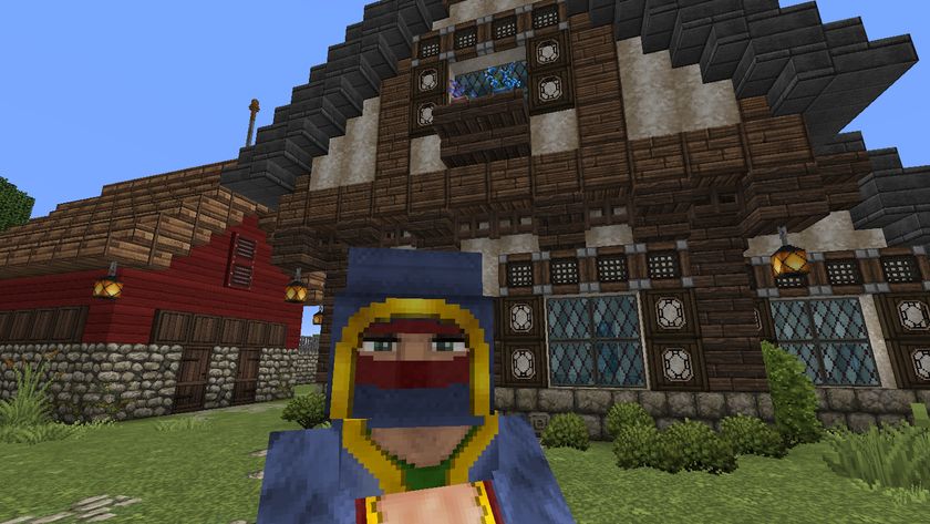 Minecraft texture packs - the John Smith Legacy pack showing a wandering trader in front of a tudor house