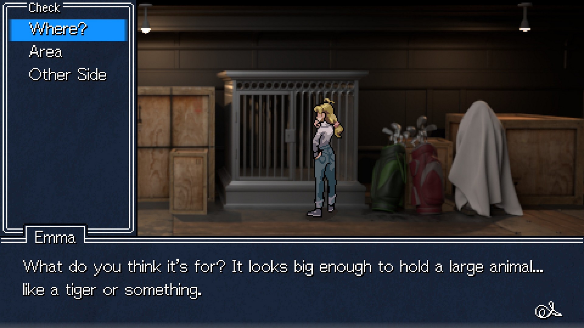 Emma investigates a large cage in the cargo car, pondering what it could be for in Detective Instinct: Farewell, My Beloved