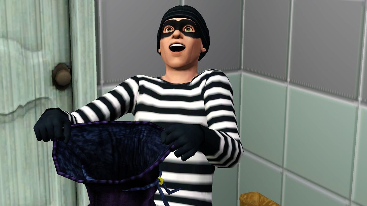 The Sims 3 - A burglar cackles while holding open a bad to steal from a house