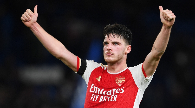 Declan Rice celebrates his goal for Arsenal against Chelsea at Stamford Bridge in October 2023.