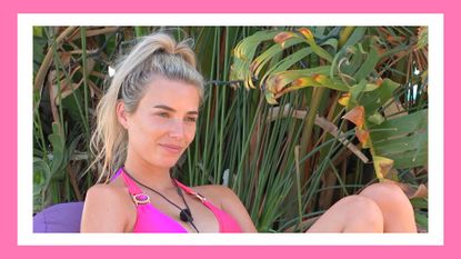 Love Island's Lana Jenkins sitting in the villa, wearing a pink bikini with her hair in a ponytail/ in a pink template