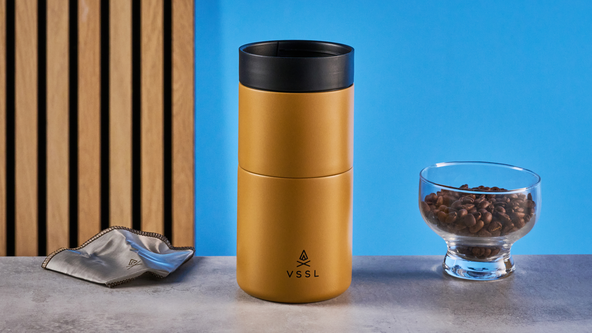 the VSSL Nest Pour Over Coffee Set in gold photographed against the blue tom's guide background