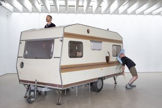 Caravan installation at Erwin Wurm exhibition at Yorkshire Sculpture Park