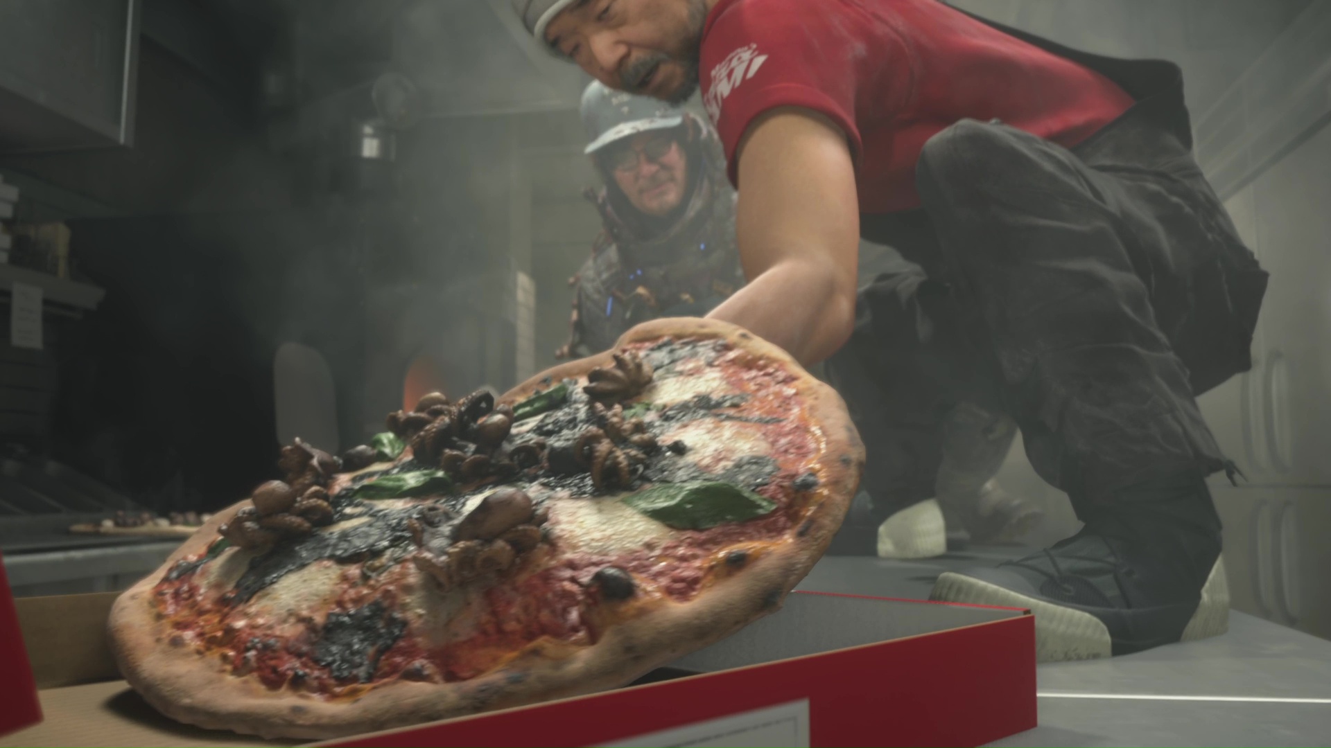 The Pizza Chef boxes a steaming pizza while Sam watches over his shoulder in Death Stranding 2