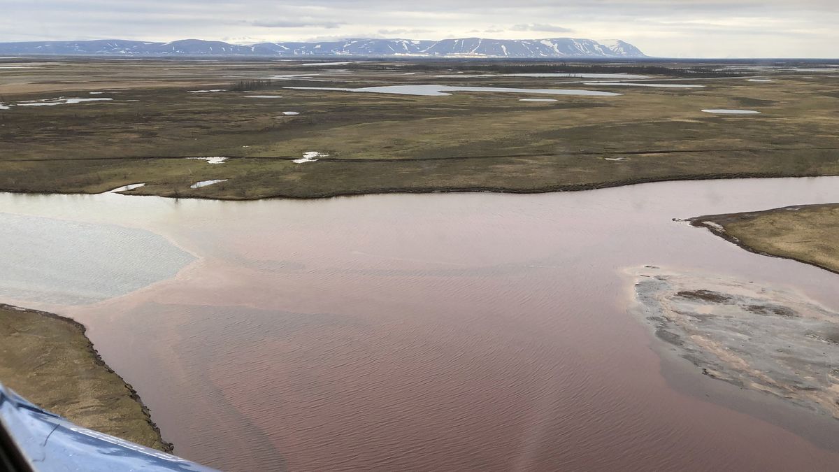 A helicopter view of the site of a diesel fuel spill at Norilsk&#039;s Combined Heat and Power Plant No 3, shown on June 2, 2020.