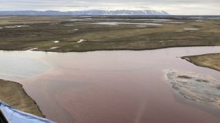 A helicopter view of the site of a diesel fuel spill at Norilsk's Combined Heat and Power Plant No 3, shown on June 2, 2020.