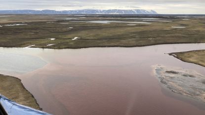 A helicopter view of the site of a diesel fuel spill at Norilsk's Combined Heat and Power Plant No 3, shown on June 2, 2020.