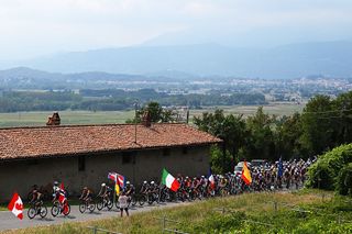 NOVARA, ITALY - AUGUST 23: A general view of the peloton competing during the La Vuelta - 80th Tour of Spain 2025, Stage 1 a 186.7km stage from Torino-Reggia di Venaria to Novara / #UCIWT / on August 23, 2025 in Novara, Italy.