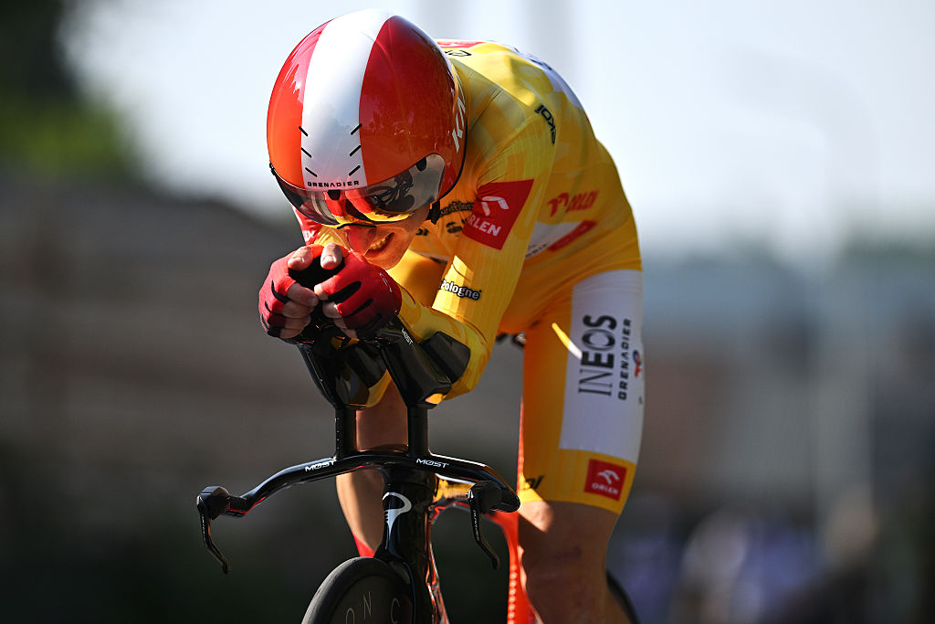WIELICZKA, POLAND - AUGUST 10: Victor Langellotti of Monaco and Team INEOS Grenadiers - Yellow Leader Jersey competes during the 82nd Tour de Pologne 2025, Stage 7 a 12.5km individual time trial stage from Wieliczka to Wieliczka / #UCIWT / on August 10, 2025 in Wieliczka, Poland. (Photo by Luc Claessen/Getty Images)