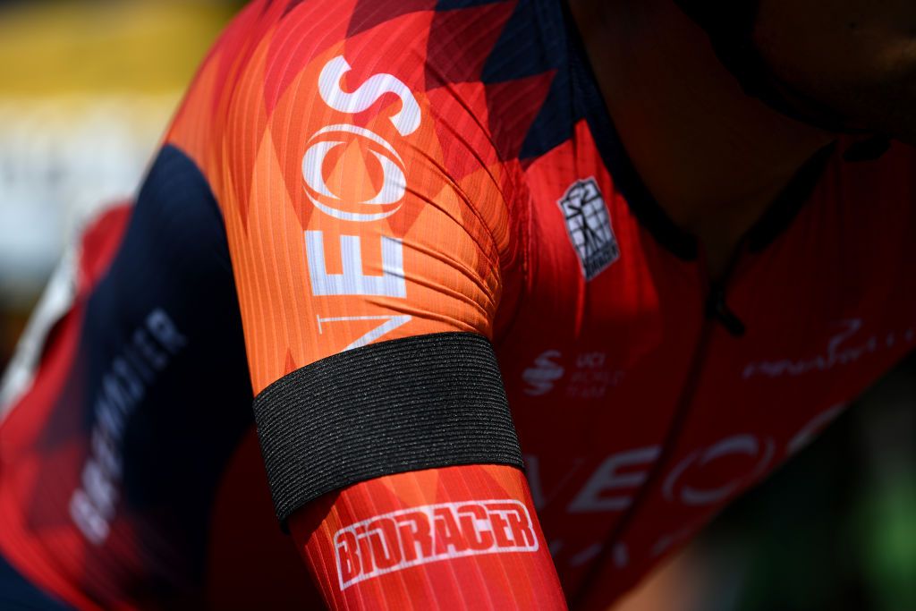 TBACH SWITZERLAND JUNE 17 Detail view of a Team INEOS Grenadiers rider wearing a black ribbon in memory of Gino Mder prior to the 86th Tour de Suisse 2023 Stage 7 a 1835km stage from Tbach to Weinfelden UCIWT on June 17 2023 in Tbach Switzerland Photo by Dario BelingheriGetty Images