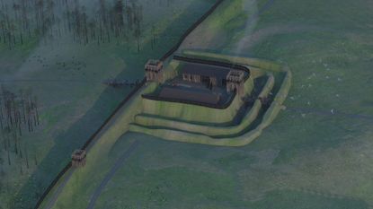 An illustration of a small fortlet surrounded by large stone rectangular walls amidst a green landscape.
