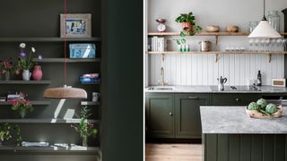 Dark green room collage with a home office and kitchen showcasing the green interior colour trends for 2025