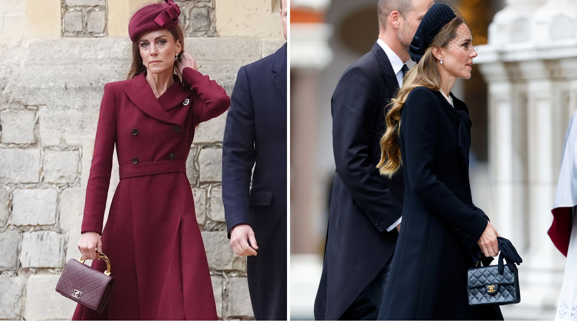 A composite of a picture of Kate Middleton holding a burgundy Chanel bag and a picture of her holding a black Chanel bag