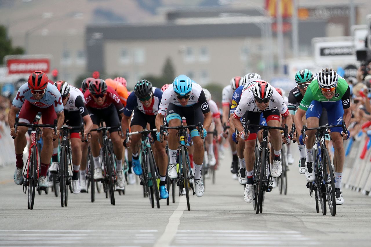 The winner of the previous day's stage, Deceuninck-QuickStep's Kasper Asgreen, leads the bunch home on stage 3 of the 2019 Tour of California to hold on to his green points jersey