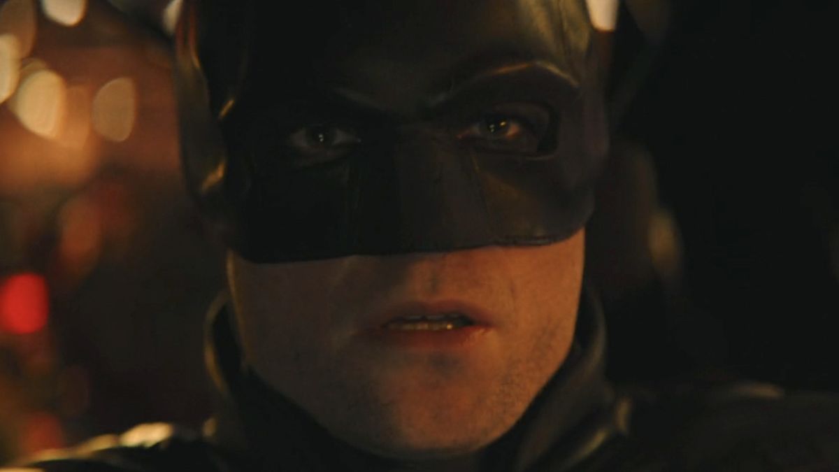 Close-up of Robert Pattinson&#039;s face in cowl in The Batman