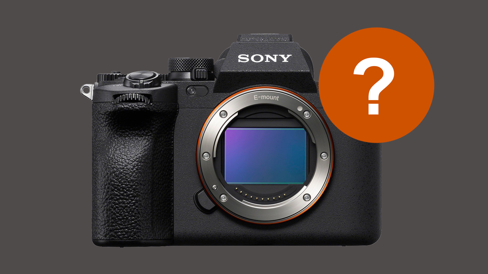 A Sony E-mount camera with a textured grip and a question mark icon overlay on a grey background, suggesting inquiry or uncertainty