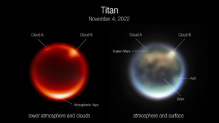 Two views of Saturn's moon Titan captured by the James Webb Space Telescope's NIRCam instrument.