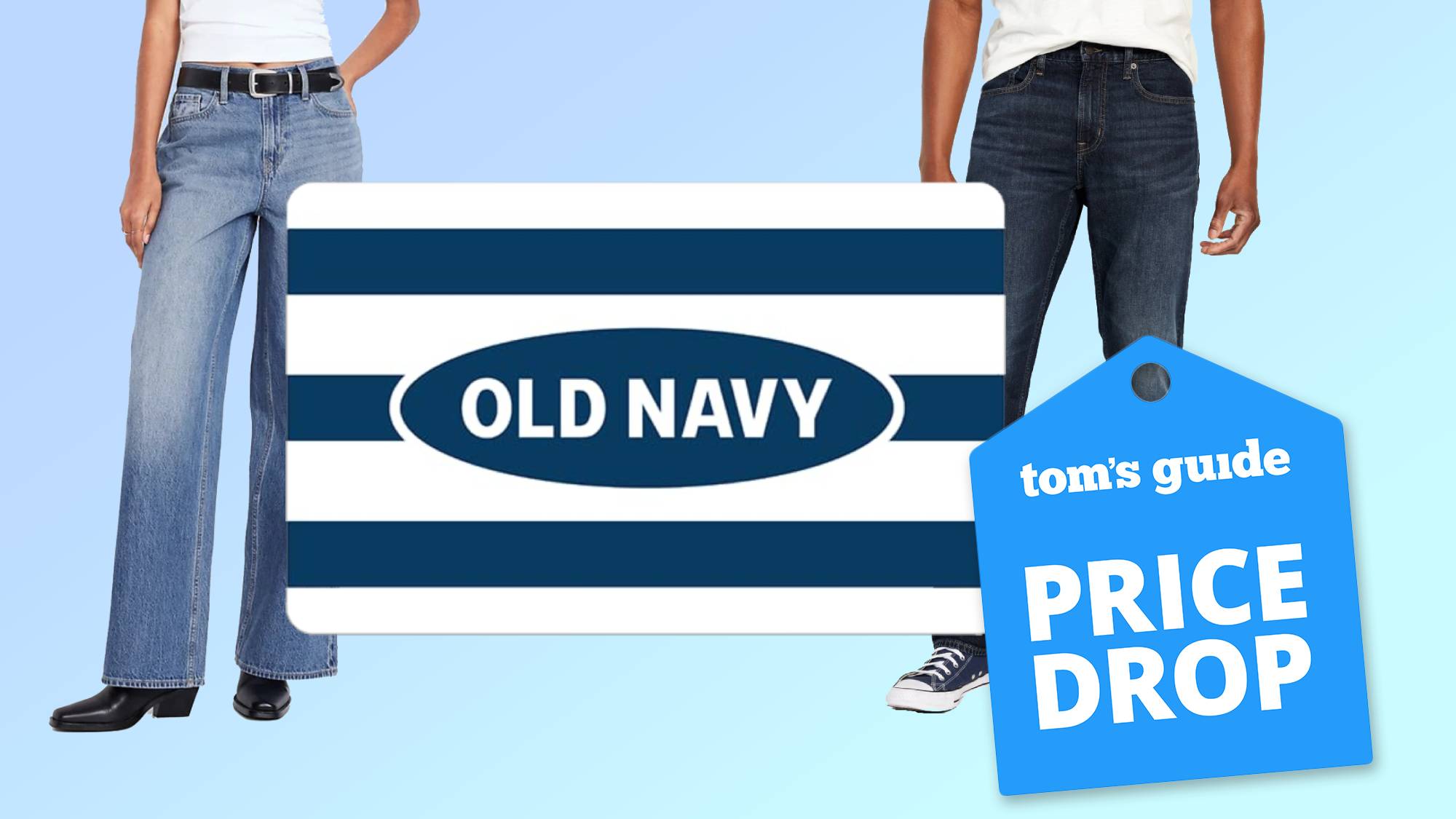 Compilation showing Old Navy logo and men's and women's jeans