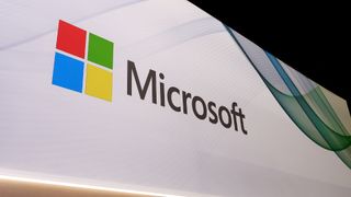 Microsoft logo on display at their pavilion during the Mobile World Congress in Barcelona, Spain, on February 28, 2024