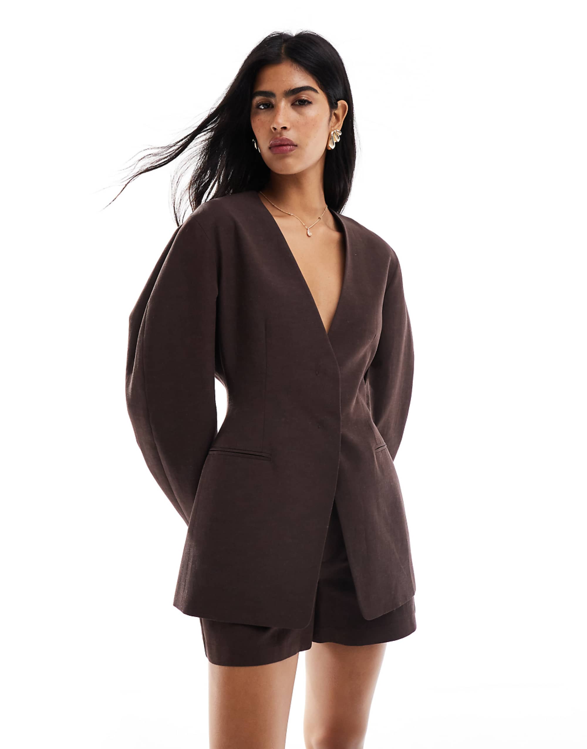 Asos Design Linen Blend Cinch Collarless Blazer in Chocolate