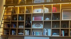 bookshelf with ladder and compartments of books and vessels