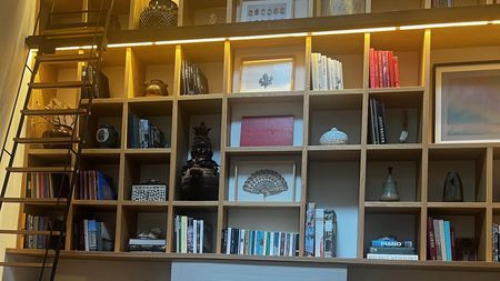 bookshelf with ladder and compartments of books and vessels