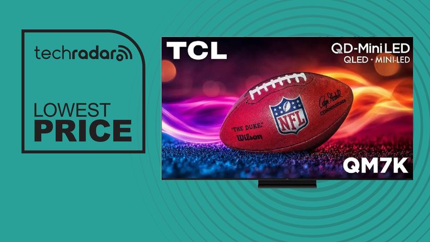 TCL QM7K lowest price deal image on cyan background 