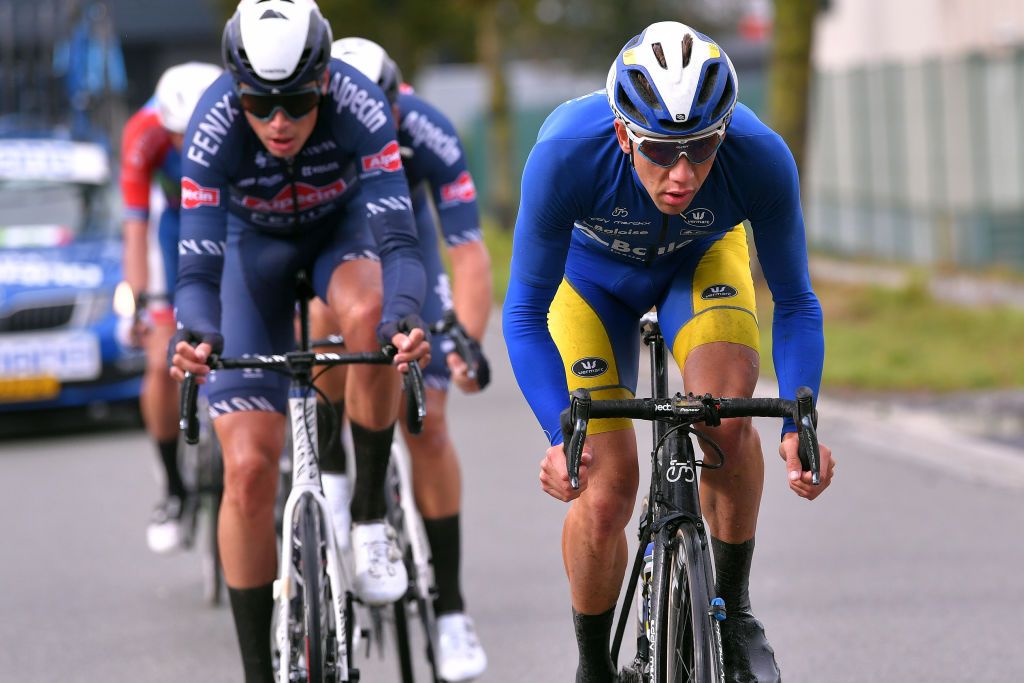 AALTER BELGIUM OCTOBER 01 Kenneth Van Rooy of Belgium and Team Sport Vlaanderen Baloise Oscar Riesebeek of The Netherlands and Team AlpecinFenix Breakaway during the 16th BinckBank Tour 2020 Stage 3 a 157km stage from Aalter to Aalter BinckBankTour BinckBankTour on October 01 2020 in Aalter Belgium Photo by Luc ClaessenGetty Images