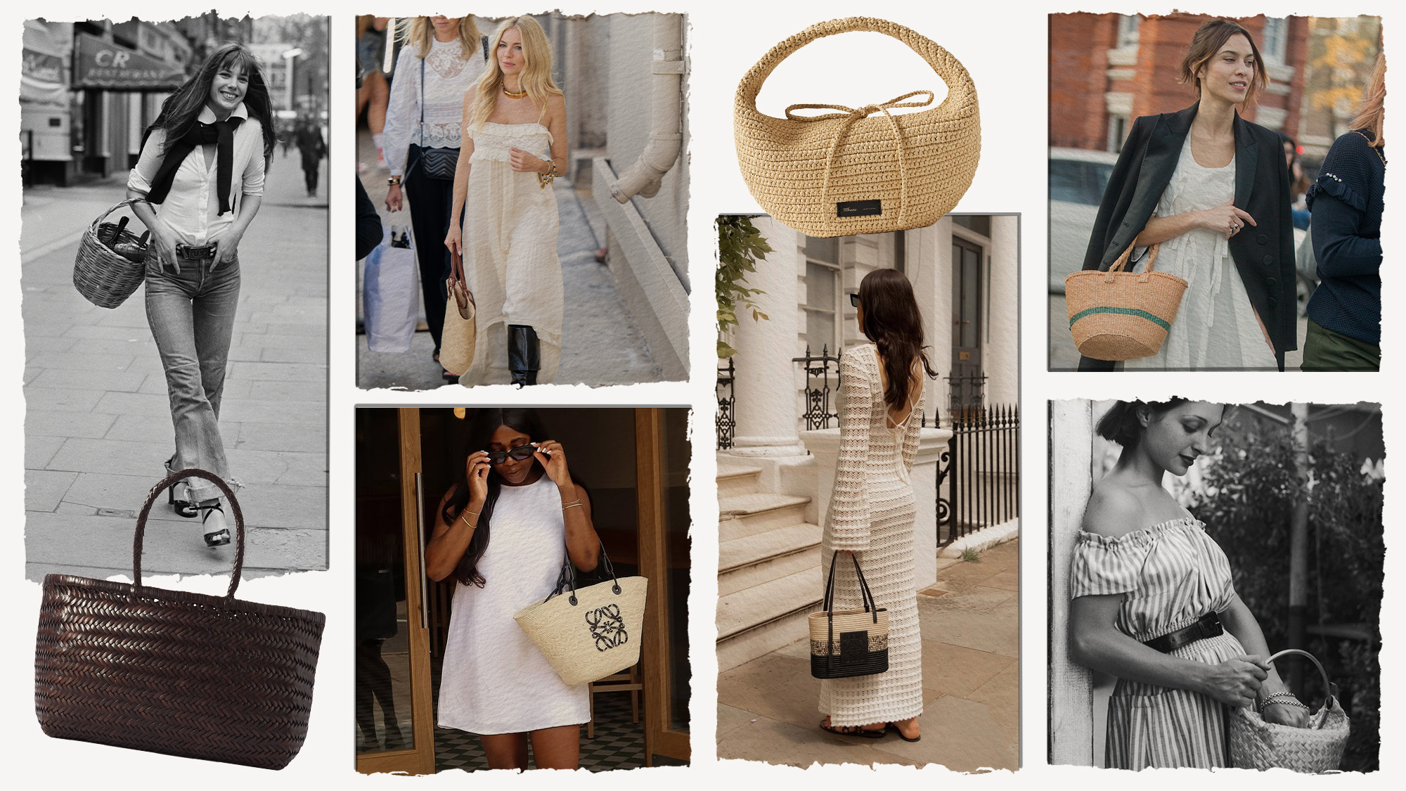 A selection of archival, celebrity and modern day basket bag imagery
