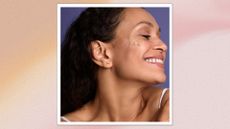 A pink and orange frame containing an image of a smiling woman with a few blobs of tinted sunscreen on her face