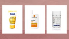 A collage of three of the best sunscreens for sensitive skin featured in this guide from (left to right) E45, La Roche-Posay and Ultrasun, in white vertical boxes and set against a dark pink watercolour-style background 