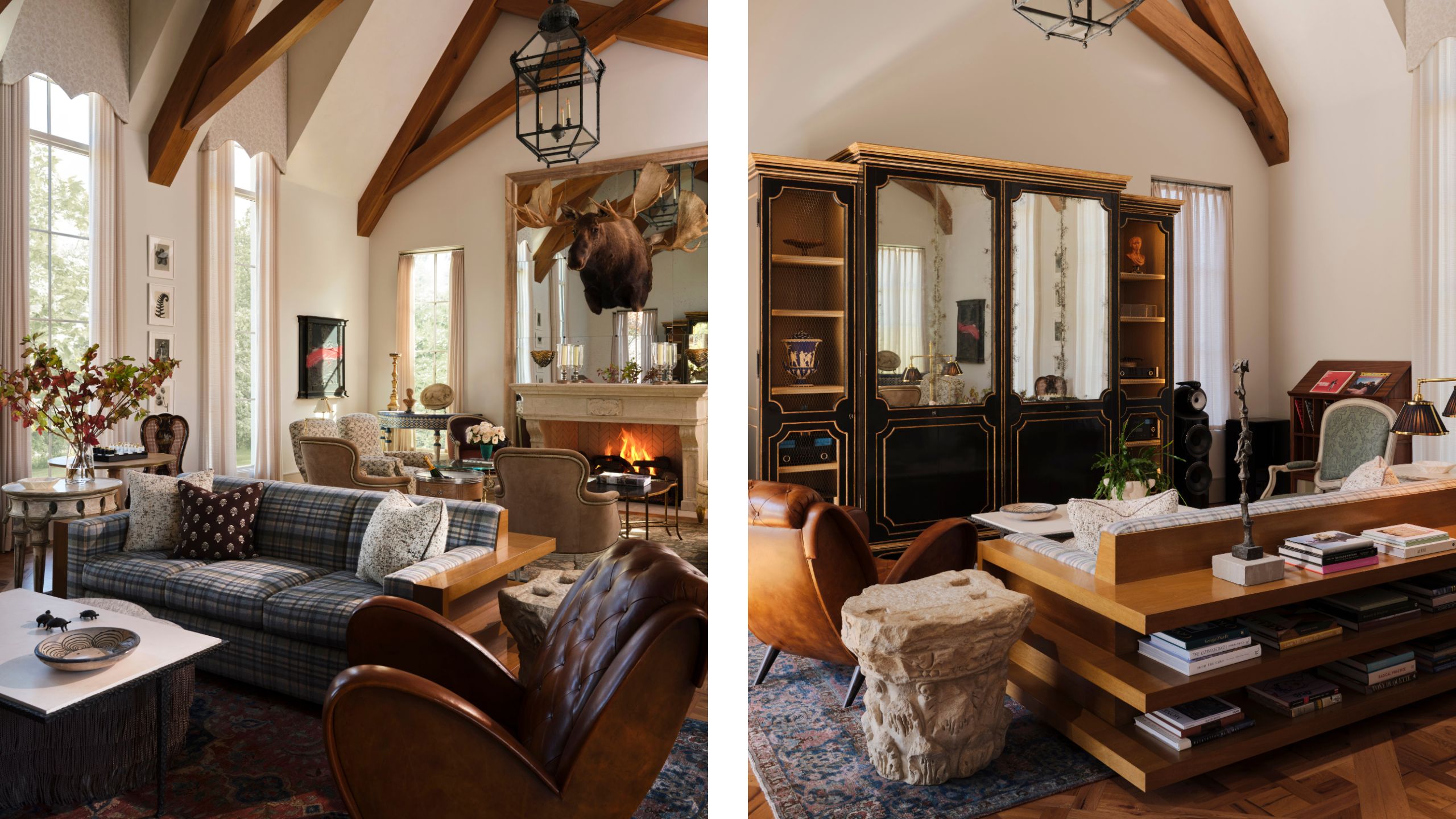 two side by side images of a vaulted parlor room with fireplace with a mounted moose head, plaid sofa, collected antiques and chic listening area