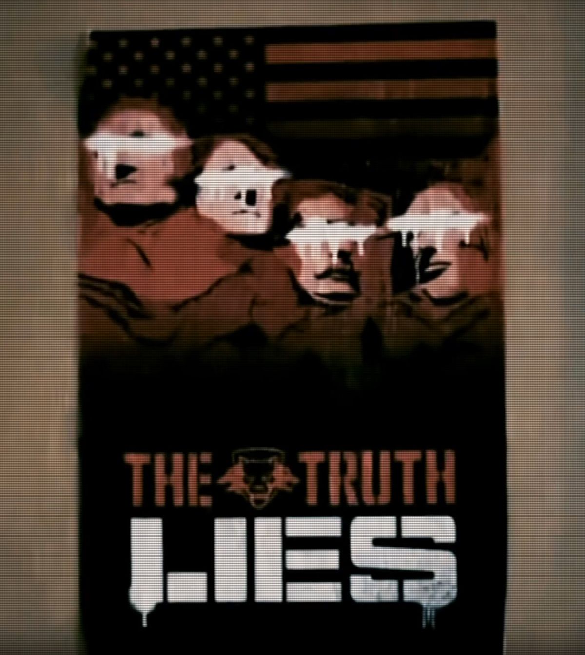 Call of Duty 2024 teaser image: Poster featuring an image of Mount Rushmore with blindfolds spelling out "the truth lies"