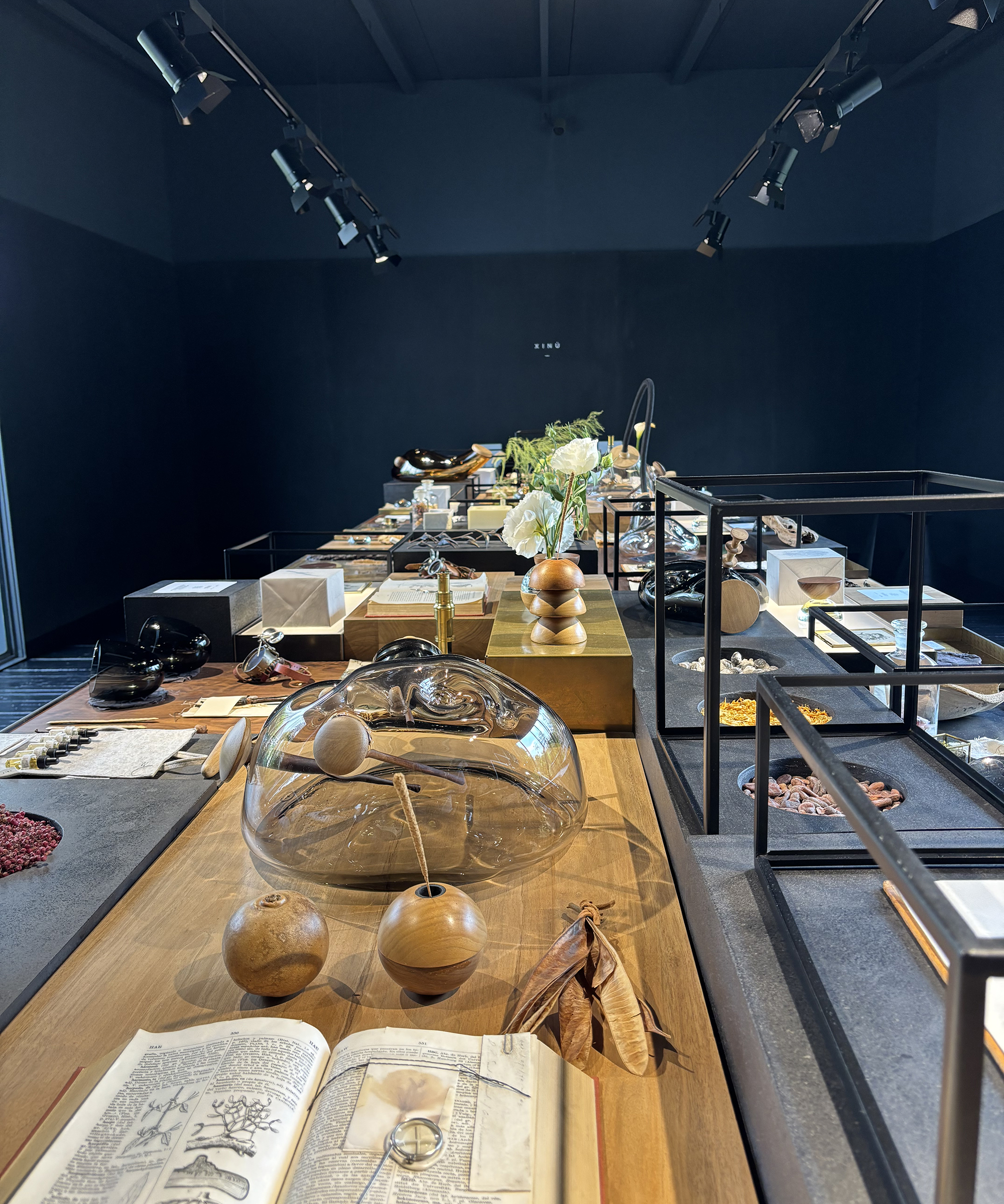 table filled with collected home decor