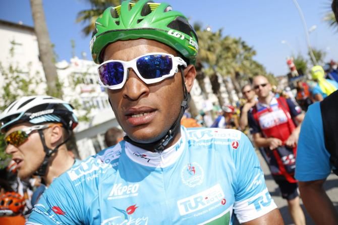 Tour of Turkey leader Natnael Berhane (Team Europcar) awaits the start of stage 4.