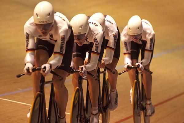 The German team in action during the qualifying round of the men's teams pursuit.