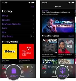 Tap Library or Browse or Search in Podcasts to get to your shows
